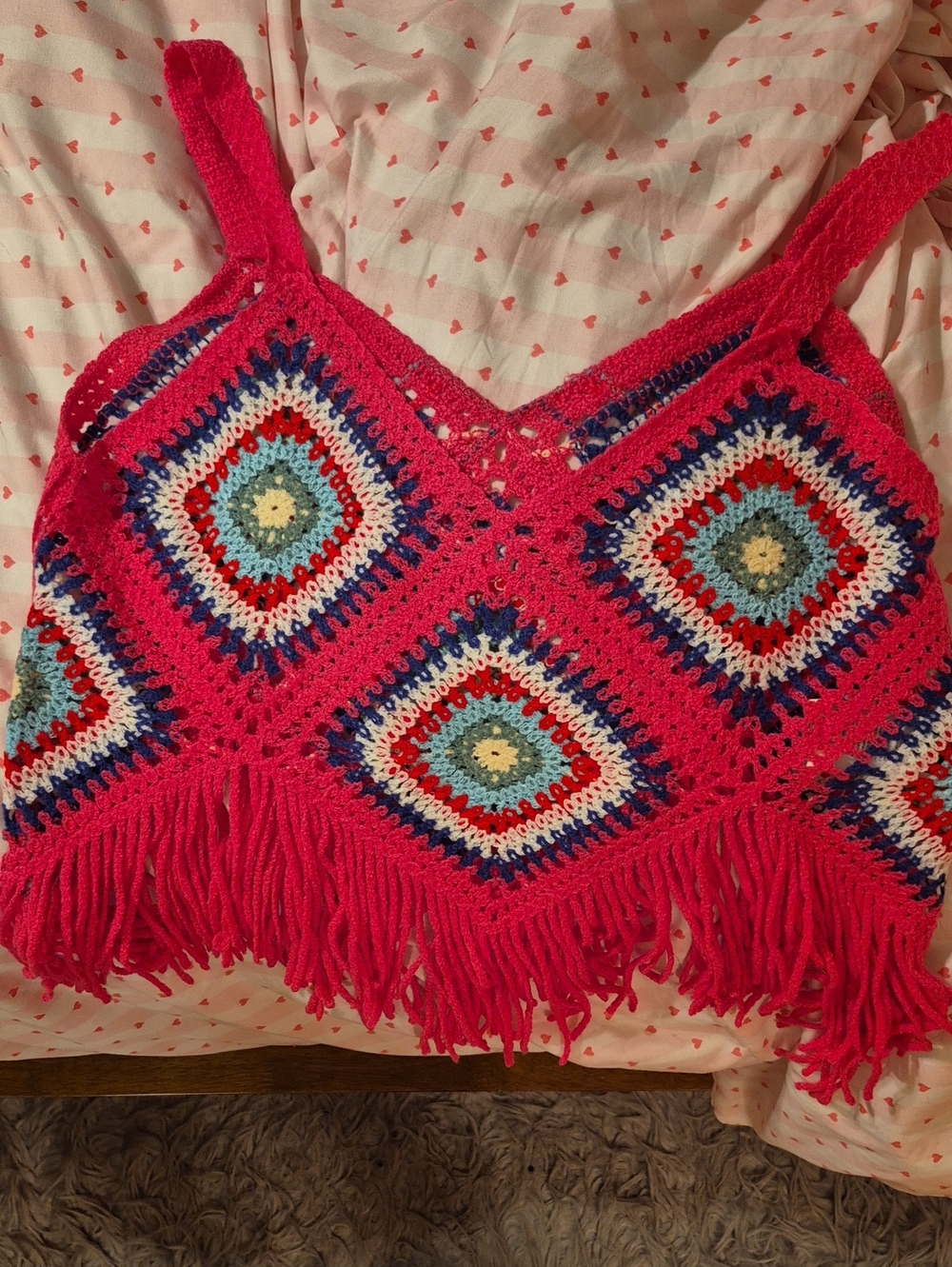 SHEIN Hot Pink Crochet Fringe Tank Top with Multicolor Diamond Motifs